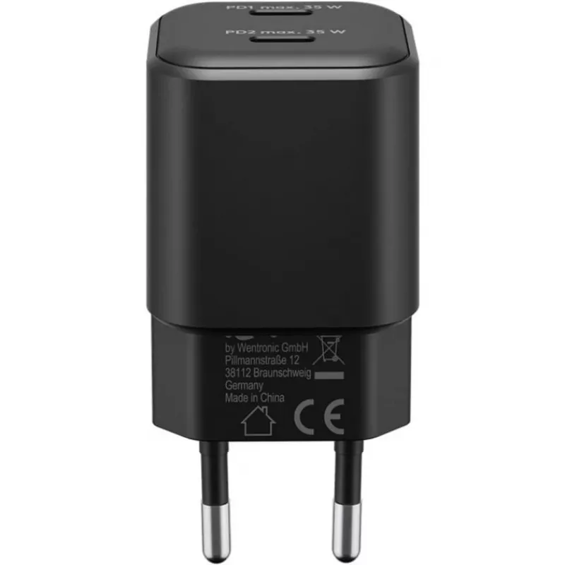 Wandladegerät GOOBAY 75333 — universelles AC-USB-C-Ladegerät für Innenräume, 2x USB-C, 35 W, Schwarz
