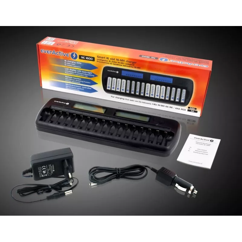 Batterieladegerät everActive NC-1600 — universelles DC-Ladegerät für Li-Ion, unterstützt 16 Zellen, kompatible Größen AA/AAA/C, schwarz, AC 100–240V 50–60Hz