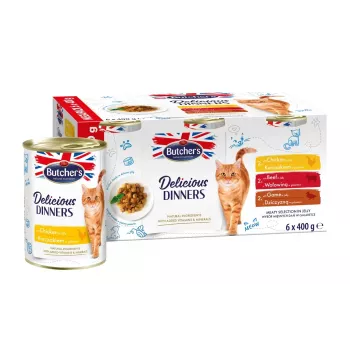 Nassfutter für Katzen Butcher's Delicious Dinners Meaty Selection in Gelee 6×400 g – ausgewachsen, getreidefrei, Huhn, 82% Feuchtigkeit