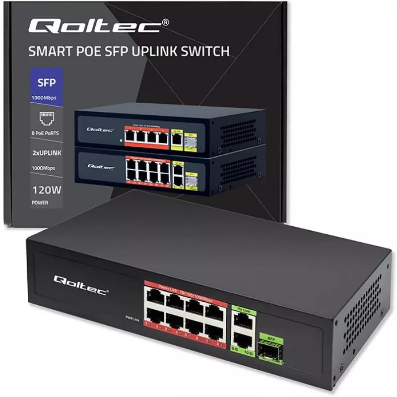Ethernet Switch QOLTEC 52297 PoE RJ45 mit PoE-Uplink und SFP-Port