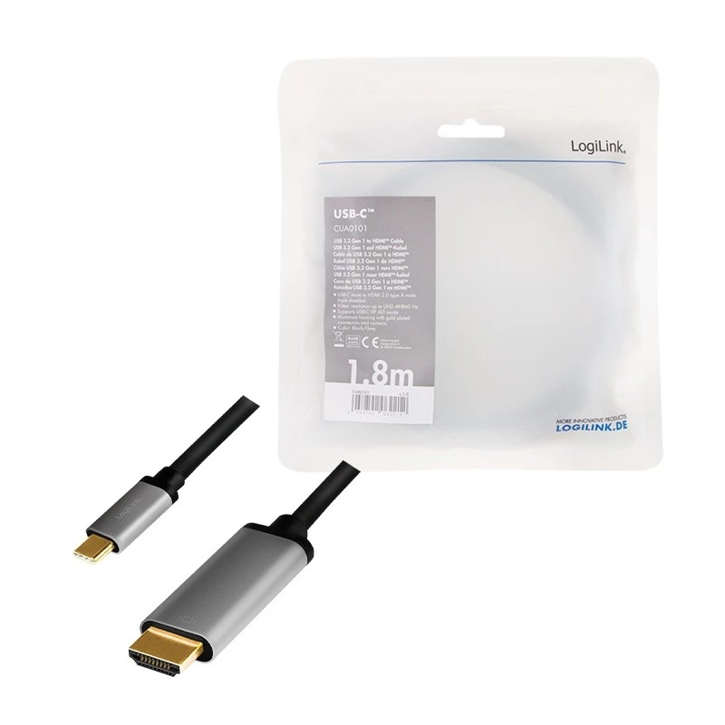 LogiLink CUA0101 USB 3.2 Gen1 Typ-C auf HDMI-A Kabel 1,8 m Schwarz Grau