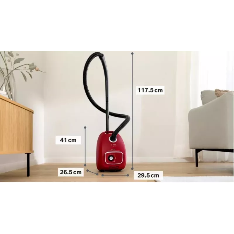 Staubsauger Bosch BGB 41RD3H — 600 W, 4 l Staubbeutel, HEPA-Filter, 11 m Aktionsradius, Teleskoprohr, rot