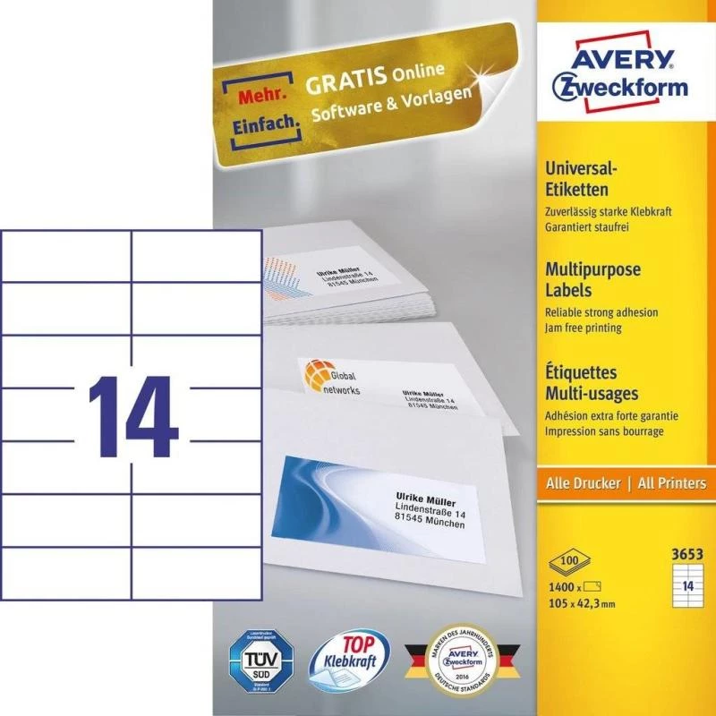Avery 3653 selbstklebendes Etikett Rechteck Permanent Weiß 1400 Stk.