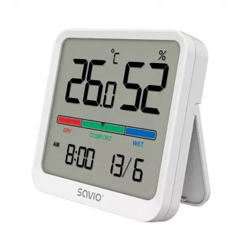 Innenraum-Temperatur- und Feuchtigkeitssensor SAVIO CT-01/W, LCD-Anzeige, -10–55 °C, 10–99 % rF, Batterie CR2032