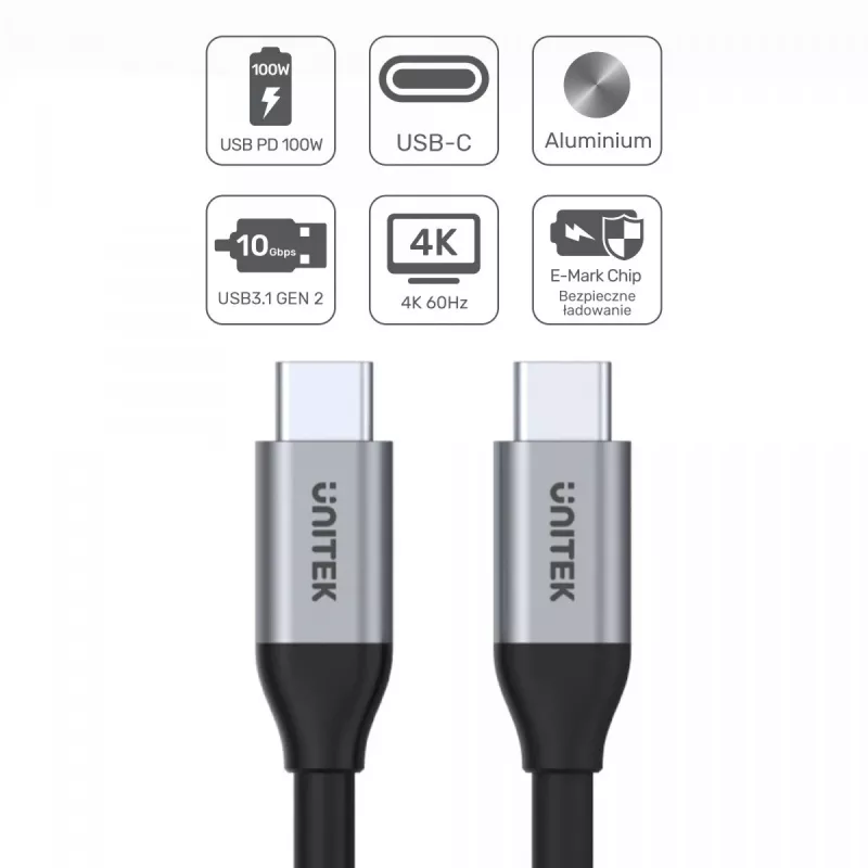 USB-C-zu-USB-C-Daten- und Ladekabel Unitek C14082ABK 1 m, USB 3.2 Gen 2 (10 Gbit/s), 100 W PD, Schwarz