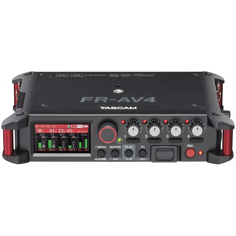 Tragbarer Audiorecorder Tascam FR-AV4 — 6-Kanal, 4 XLR-Kombi + 2x 3,5 mm, 24/32-Bit, 48/96/192 kHz, MicroSD bis 512 GB, USB-C, PD