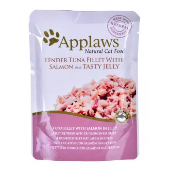 Nassfutter für Katzen Applaws Thunfisch und Lachs in Gelee 70 g Beutel — ausgewachsen, 13% Protein, 82% Feuchtigkeit