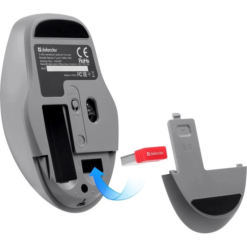 Kabellose Maus DEFENDER Silent Click C Mint 52294 — beidhändig, 1600 DPI, 2,4 GHz Nano-USB