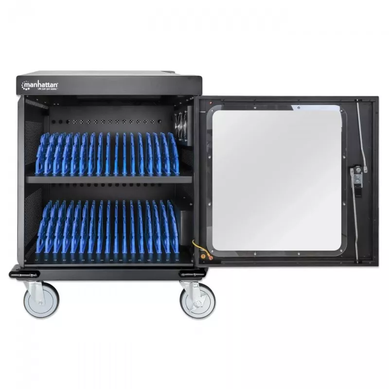 Manhattan Laptop-Ladewagen/-Trolley über AC-Adapter (EU) 32 Fächer, Installieren Sie den AC-Adapter (Netzkabel) des Geräts im Gerät, Geeignet für ALLE Laptops (bis 15,6 Zoll), iPads, MacBooks, Chromebooks, andere USB-C-Geräte, Fächer 380 x 30 x 280 mm, Schrank, Abschließbar