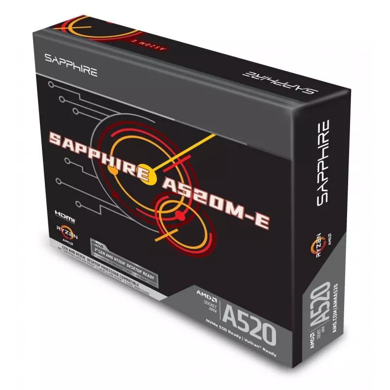 Micro-ATX-Mainboard Sapphire A520M-E für Sockel AM4, AMD A520-Chipsatz, 2x DDR4 DIMM, max. 64 GB, PCIe 3.0 x16/x1, SATA III, Gigabit LAN