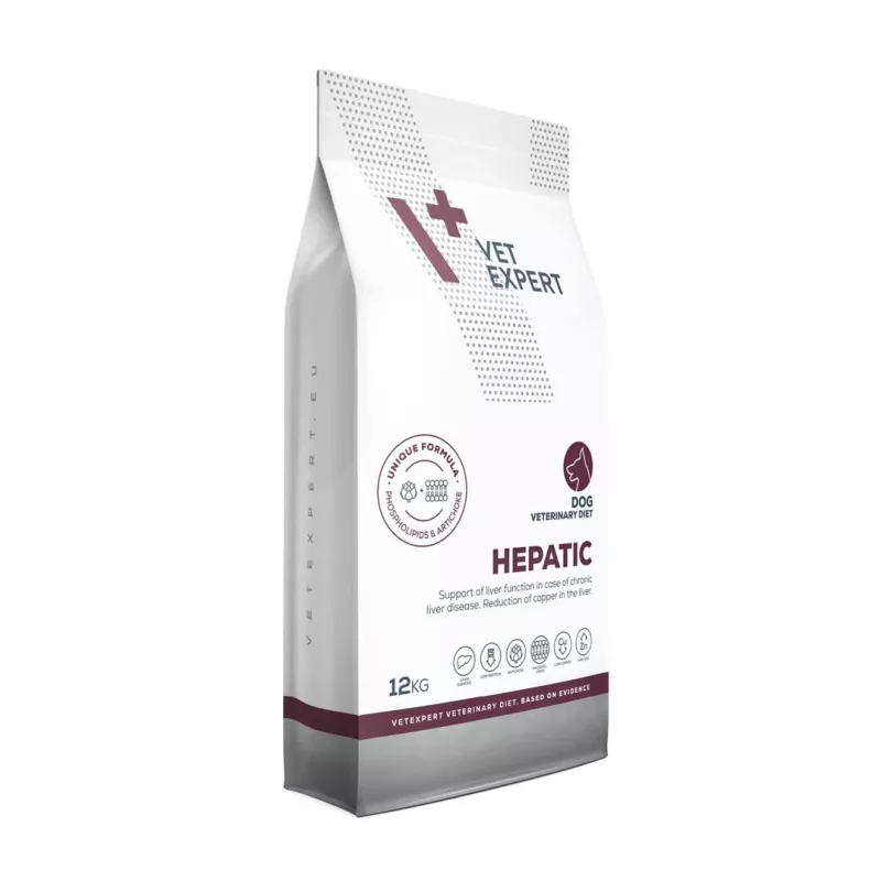 Trockenfutter für Hunde VETEXPERT Veterinary Diet Hepatic 12 kg — diätetische Ernährung zur Leberunterstützung, Fleischgeschmack, für ausgewachsene Hunde 10–15,9 kg