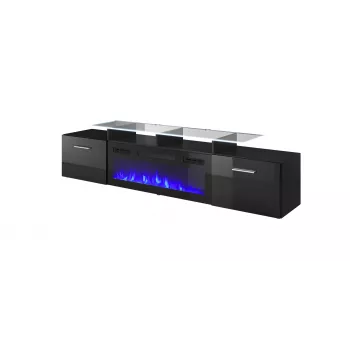 TV-Schrank Cama Meble ROVA mit elektrischem Kamin, 190x37x48 cm, Schwarz/Schwarz glänzend