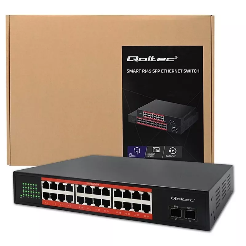 Netzwerk-Switch QOLTEC Gigabit Ethernet PoE 24xRJ45 2xSFP