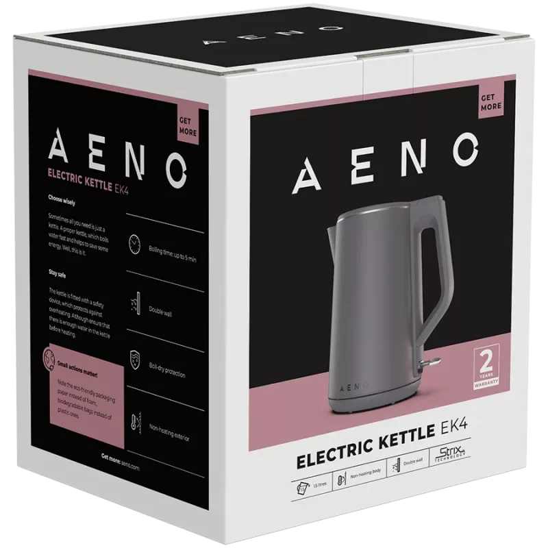 AENO Wasserkocher EK4: 1850-2200W, 1,5L, Strix, Doppelwandig, Kühle Außenhülle, Automatische Abschaltung, Trockengehschutz