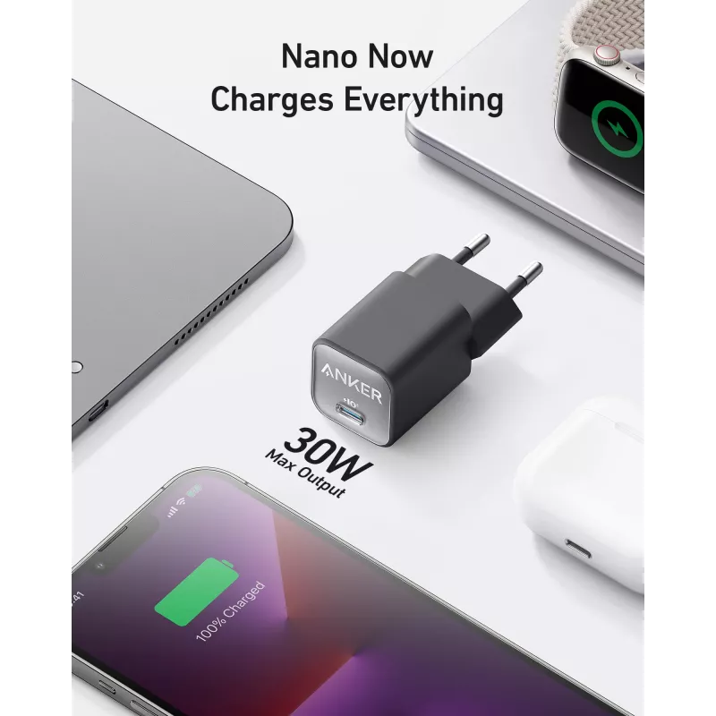 Indoor AC-Ladegerät Anker 511 Nano 3 — 30W, 1× USB-C, 100–240V, Schwarz