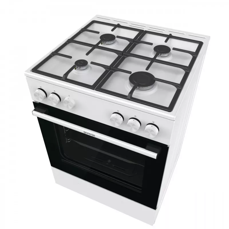 Freistehender Gasherd Gorenje GG6A10WFFM, weiß, 4-Flammen-Kochfeld, 72 L Gasbackofen, Drehregler vorne