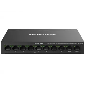 Netzwerkswitch MERCUSYS MS110CMP — 8-Port PoE, 10 Gigabit RJ‑45-Ports gesamt, 115 W PoE-Budget, Desktop-/Wandmontage, schwarz