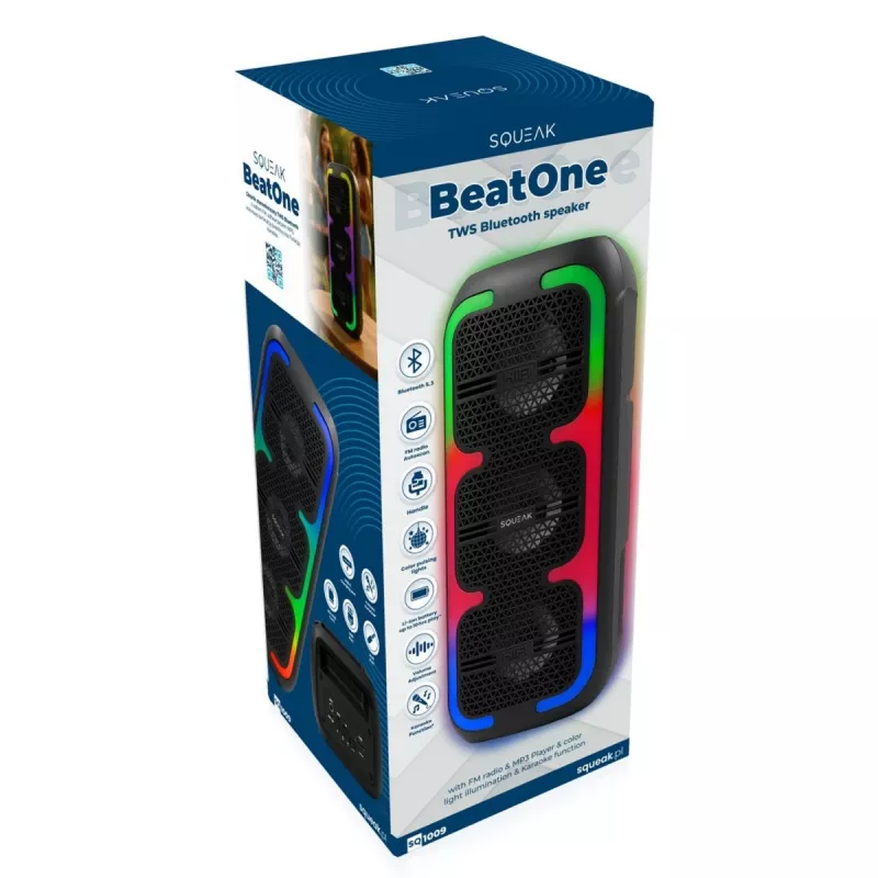Tragbarer Stereo-Lautsprecher SQUEAK SQ1009 – Bluetooth 5.3, 45 W RMS, 10 h Akkulaufzeit, FM, USB, AUX, LED, 1800 mAh, Schwarz