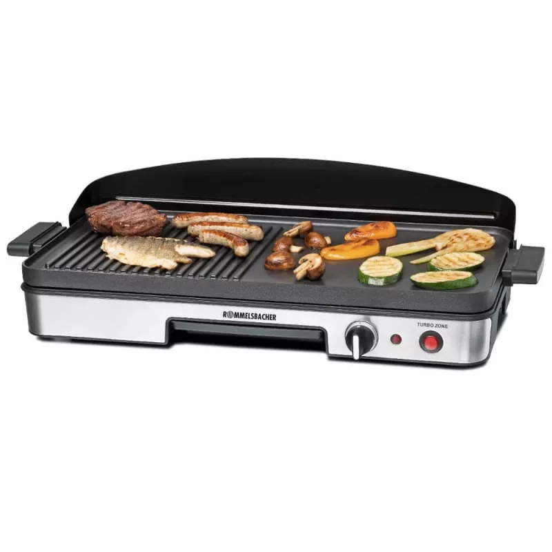 Elektrischer Tischgrill Rommelsbacher BBQ 2003 — 1900 W, 50×25 cm, gerippt + Teppanyaki, stufenloser Thermostat, silber/schwarz