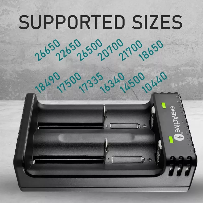 Batterieladegerät everActive LC200 Haushalt USB, 2-Schacht, Li-Ion, unterstützt A/AA/AAA/AAAA/C/D, 5 V Eingang, 4,2 V Ausgang, schwarz