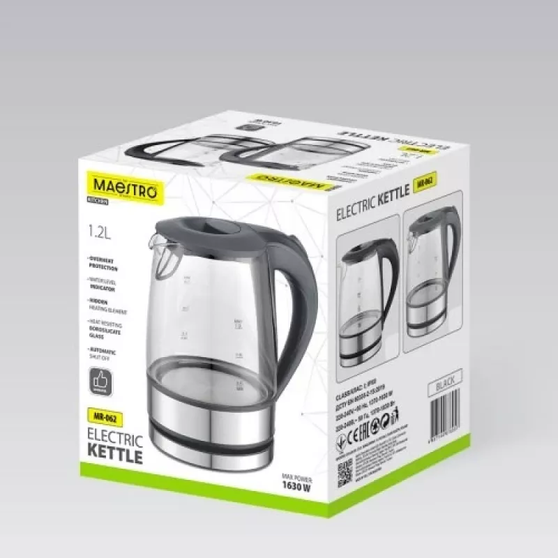 Maestro MR-062-BLACK Elektrischer Glaskessel, 1630 W, 1,2 L