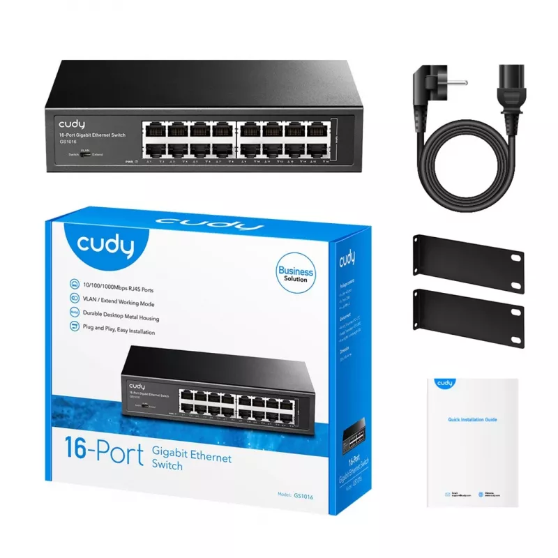 Netzwerk-Switch Cudy GS1016 — 16-Port Gigabit Ethernet (10/100/1000), 32 Gbit/s Switching, Rackmontage, AC-betrieben