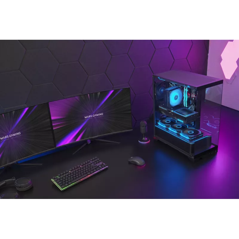 TACENS Mars Gaming MCPRISMA Midi-Tower PC-Gehäuse, Schwarz, gehärtetes Glas, unterstützt ATX/Micro-ATX/Mini-ITX, 2x 3,5-Zoll + 2x 2,5-Zoll Schächte