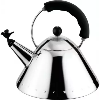 Alessi 9093 B Wasserkocher mit Griff, Edelstahl, vogelförmige Pfeife aus schwarzem PA