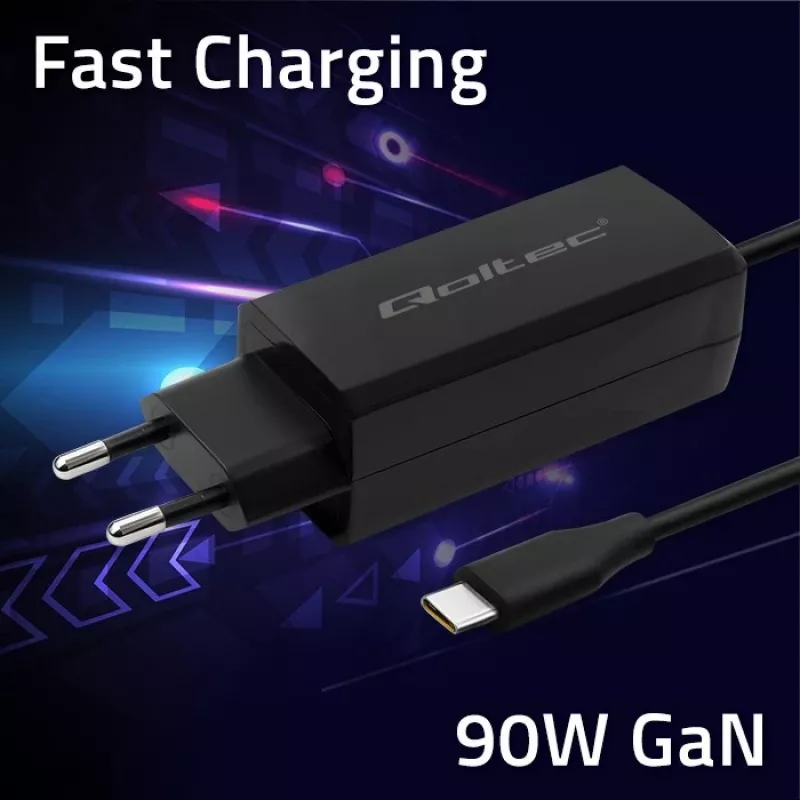 GaN 90W Ladegerät QOLTEC 52420 USB-C PD 5–20V 3A/4,5A Ausgang, 220–240V Eingang, 1,8 m Kabel, schwarz