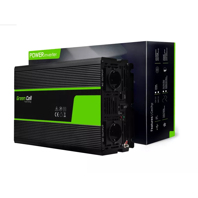 Auto-Wechselrichter Grün Cell INV22 — 1500 W, 12 V DC auf 230 V AC, 50 Hz, LED, aktive Kühlung, schwarz