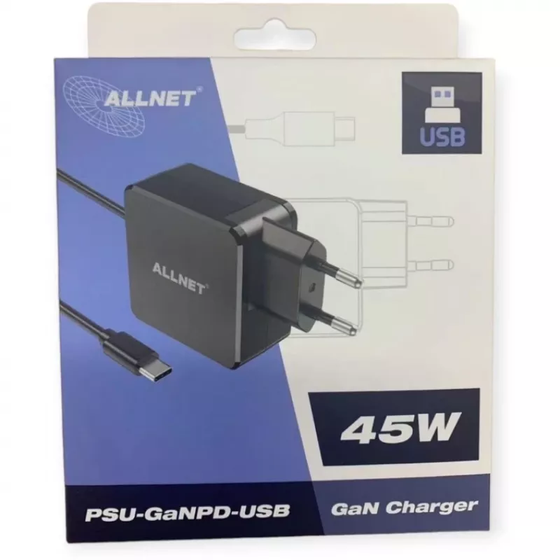 Netzteil ALLNET PSU-GaNPD-USB-F1C-45W 45W USB-C PD Ladegerät mit 2 m Kabel und EU-Stecker