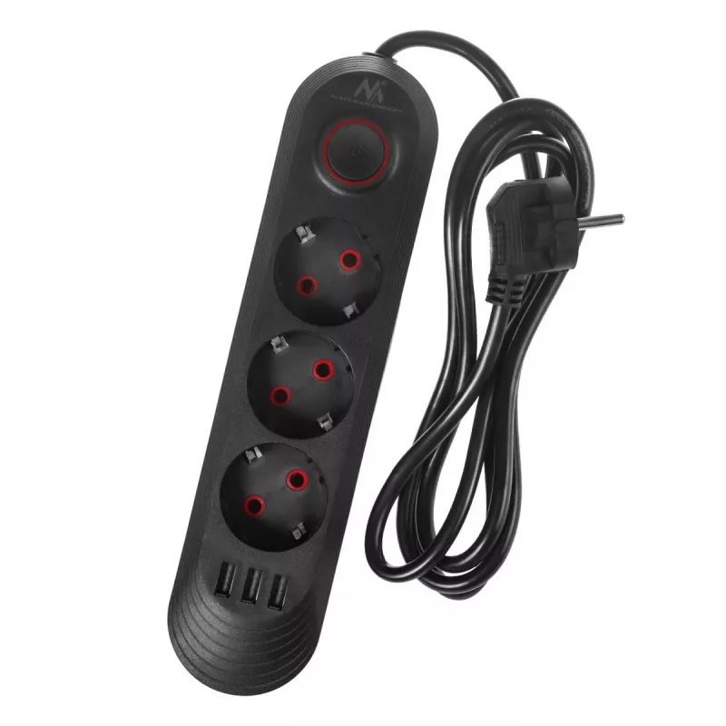 Steckdosenleiste MACLEAN MCE394 B — 3 Steckdosen + 3×USB A, 110–240V, 2,1A USB, 2500W, 1,5 m Kabel, schwarz