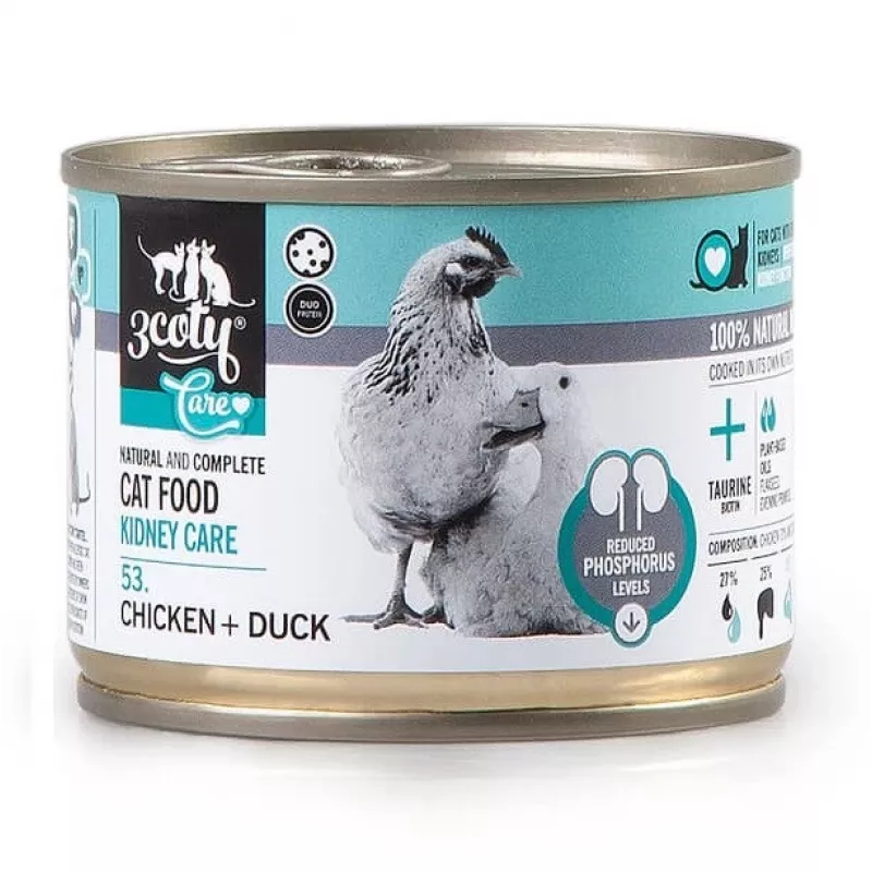 Nassfutter für Katzen 3coty 53 Huhn Ente Nierenpflege 180 g Dose, Alleinfuttermittel für ausgewachsene Katzen, Protein 17 %, Fett 7 %, Feuchtigkeit 68 %
