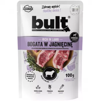 Nassfutter für Hunde BULT Reich an Lamm 100 g Beutel — Alleinfuttermittel für ausgewachsene Hunde, 75% Feuchtigkeit, 12% Protein, getreidefrei