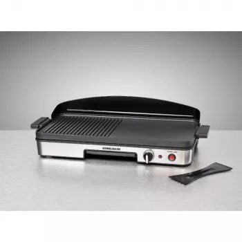 Elektrischer Tischgrill Rommelsbacher BBQ 2003 — 1900 W, 50×25 cm, gerippt + Teppanyaki, stufenloser Thermostat, silber/schwarz