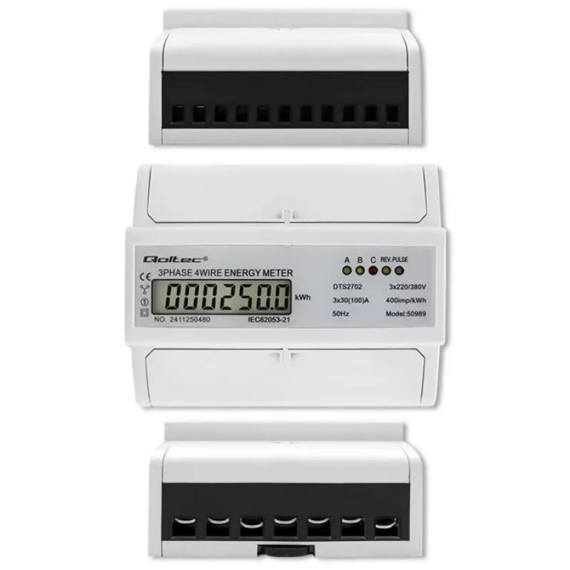 Qoltec Dreiphasen-Bidirektionaler Elektronischer Zähler | DIN-Schienen-Energieverbrauchszähler | 400V | 100A | LCD | 4P