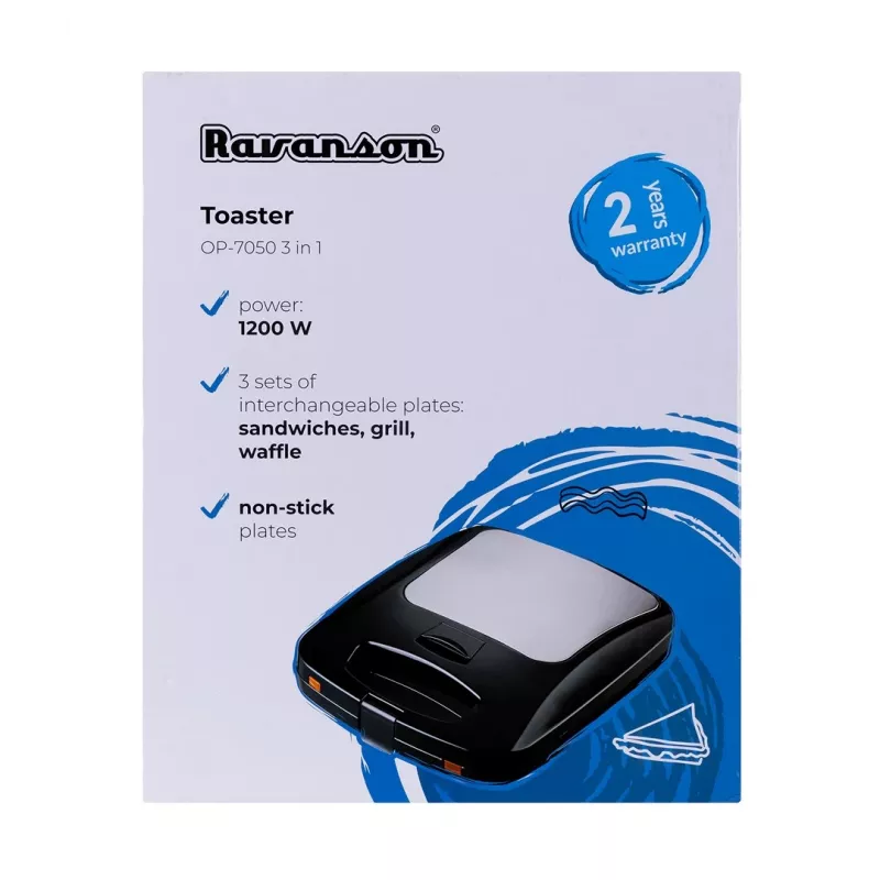 Ravanson OP-7050 3-in-1 Sandwichmaker, 1200 W, Schwarz/Silber