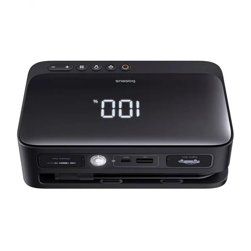 Tragbares Ladegerät Baseus Super Energy 6000 mAh – Starthilfe, LiPo 6000 mAh, 300 A Startstrom, 150 PSI, integriertes Display & Taschenlampe, USB-C + USB-A, schwarz