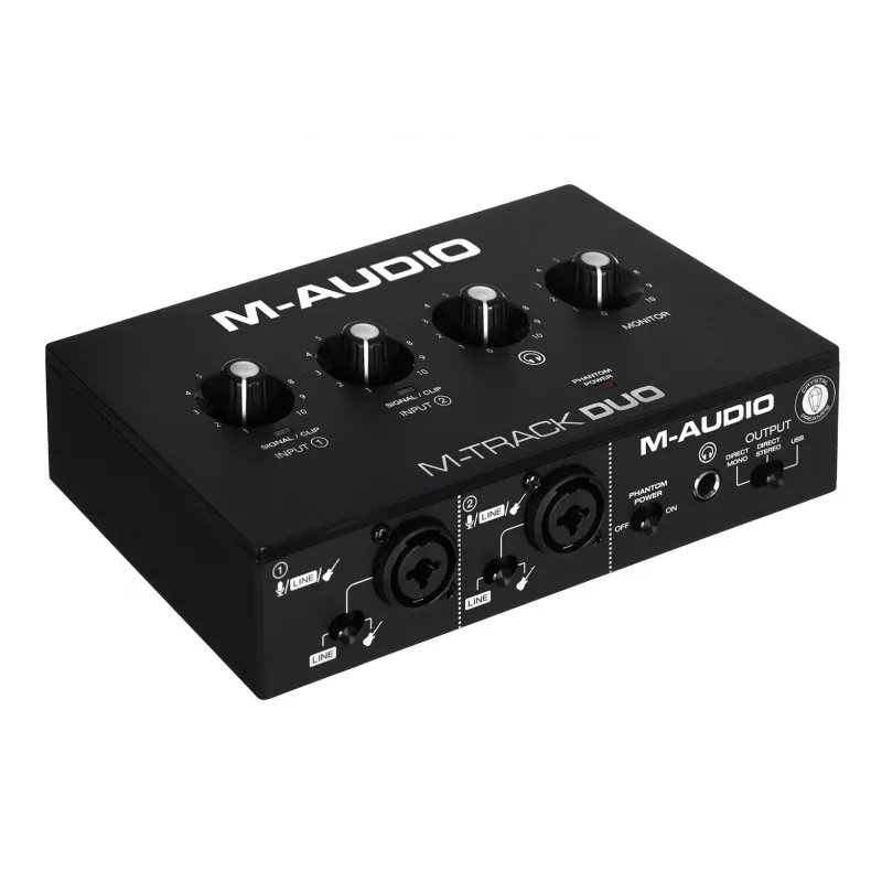 Audio-Interface M-Audio M-Track Duo — USB 2-in/2-out, 16-bit/48 kHz, 1x XLR/TS-Combo, 1x Instrumenteneingang, 48V Phantomspeisung