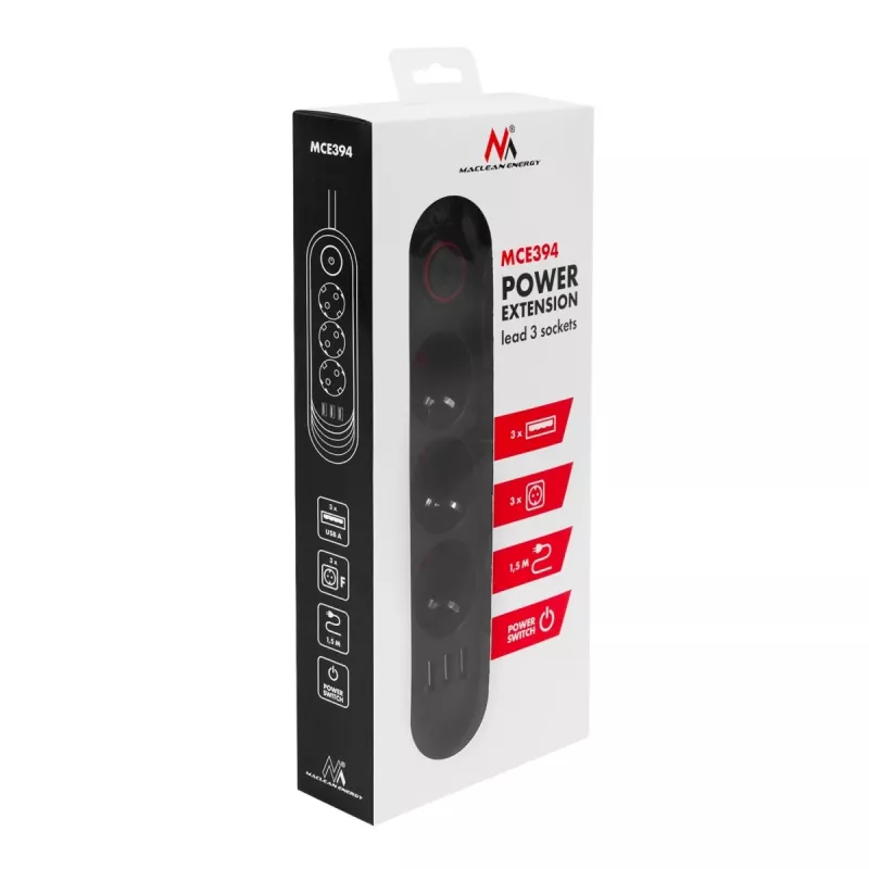 Steckdosenleiste MACLEAN MCE394 B — 3 Steckdosen + 3×USB A, 110–240V, 2,1A USB, 2500W, 1,5 m Kabel, schwarz