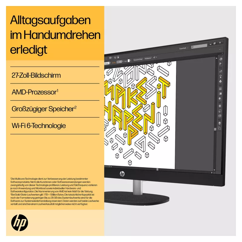 HP 27-cr0471ng - All-in-One (Komplettlösung) - Ryzen 7 7730U - RAM 16 GB - SSD 512 GB - NVMe - Radeon Graphics - 1GbE, Wi-Fi 6, Bluetooth - WLAN: 802.11a/b/g/n/ac/ax, Bluetooth