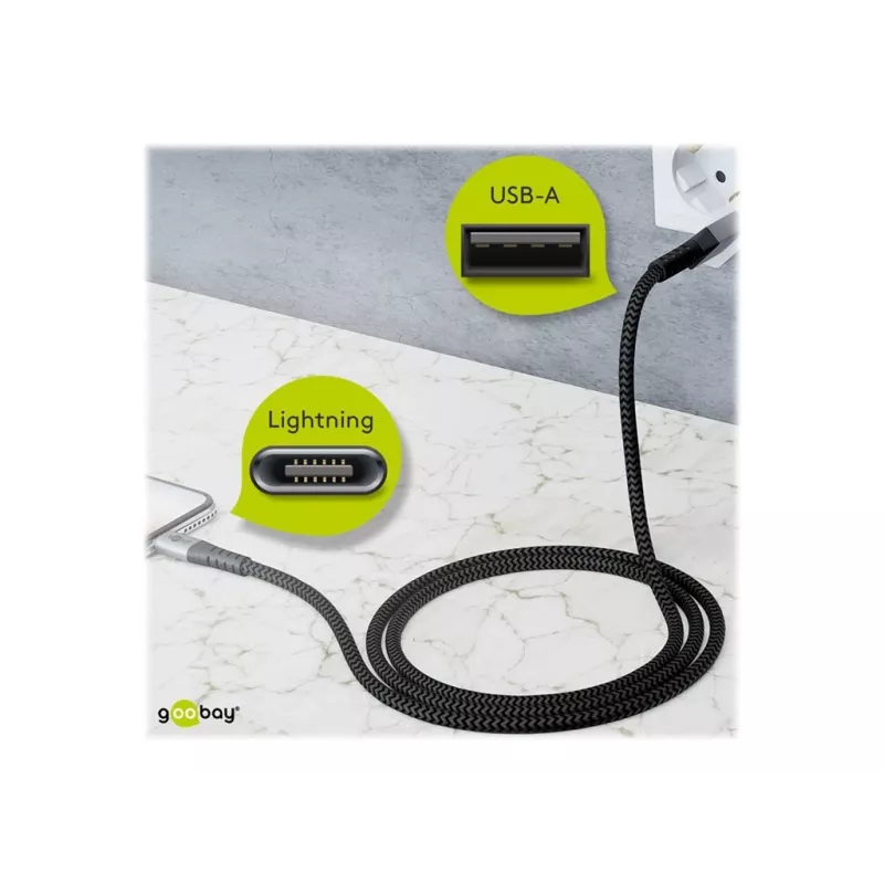 USB-A-auf-Lightning-Kabel GOOBAY 2 m, Textilmantel, 3,3 mm Durchmesser, Space Grau/Silber