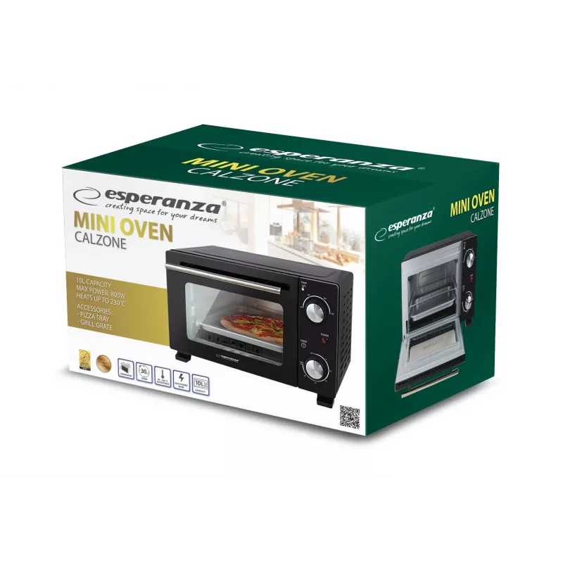 Mini-Backofen ESPERANZA EKO007N, 10 L, 800 W, schwarz, max. 250 °C, mechanischer Timer 30 min