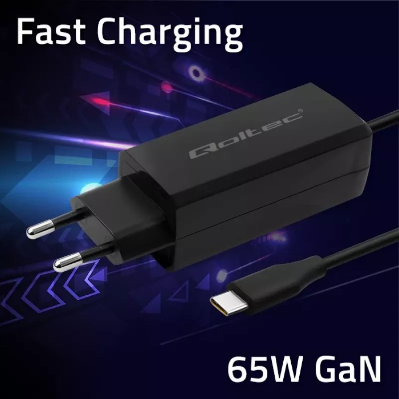 GaN-Laptop-Ladegerät QOLTEC 52419 65 W USB-C PD 5 V/20 V 3 A/3,25 A, 220–240 V, 1,8 m Kabel, schwarz