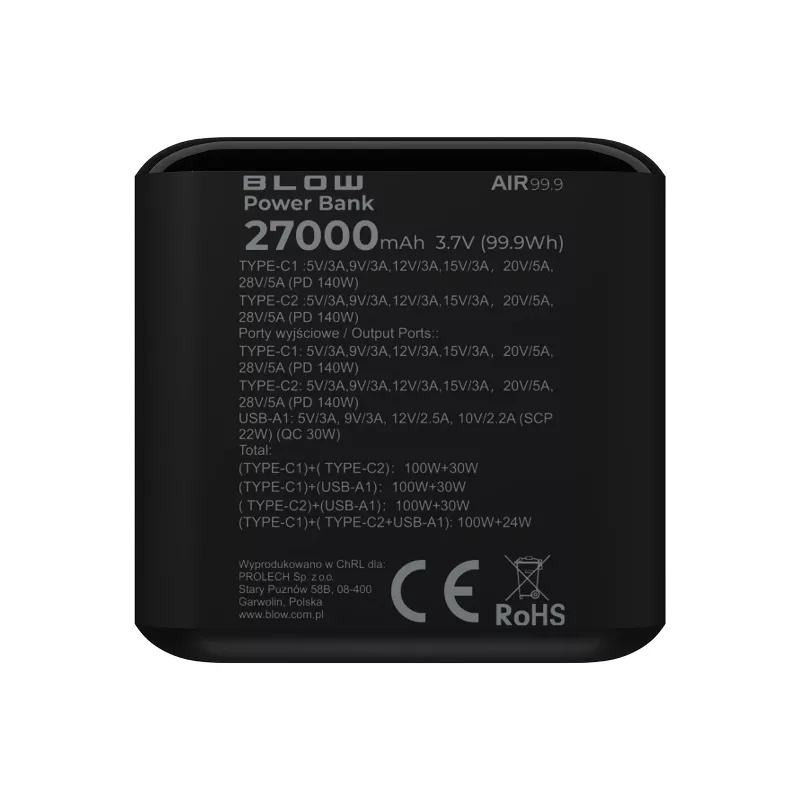 Powerbank BLOW AIR99.9 27000mAh PD 140W LCD — 2× USB‑C, 1× USB‑A, 27000 mAh, 140 W gesamt