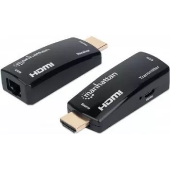 Manhattan 1080p@60Hz Kompakt HDMI-over-Ethernet-Extender-Kit, verlängert Signale auf bis zu 60 m mit einem einzigen Cat6-Ethernet-Kabel, Sender und Empfänger im Lieferumfang, Power over Kabel, ultraflaches Design, drei Jahre Garantie, Schwarz