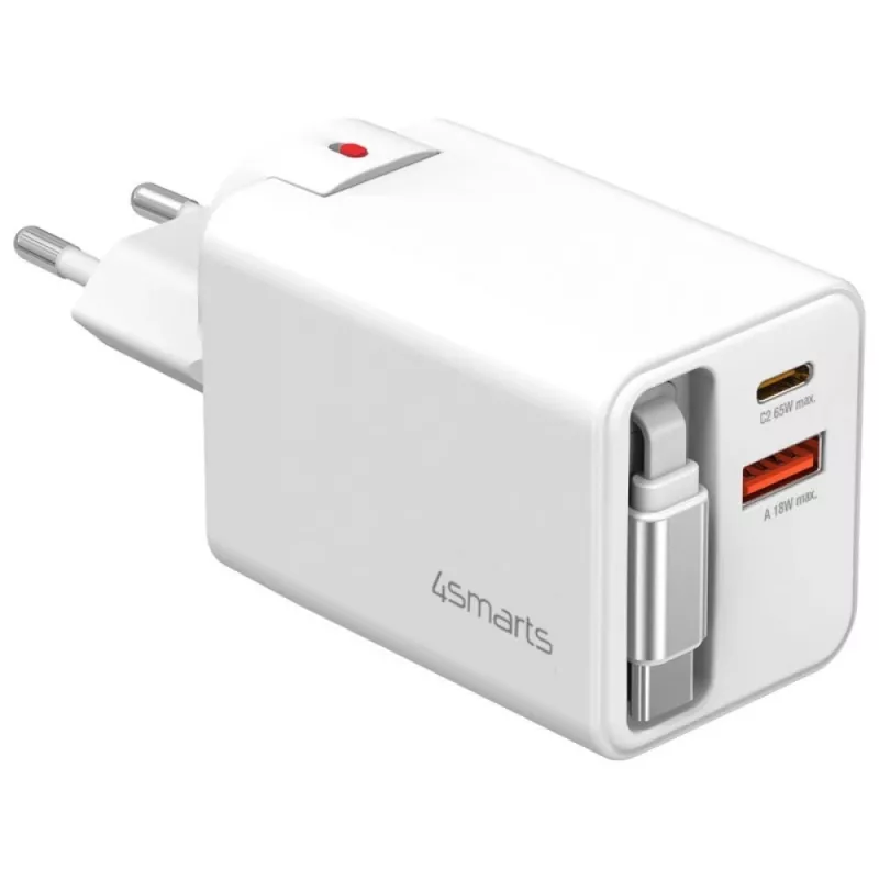 Indoor USB-C/USB-A Fast Charger 4smarts 541065 — Universal AC 100–240V, Max 20V, 0.7 m Kabel, Weiß