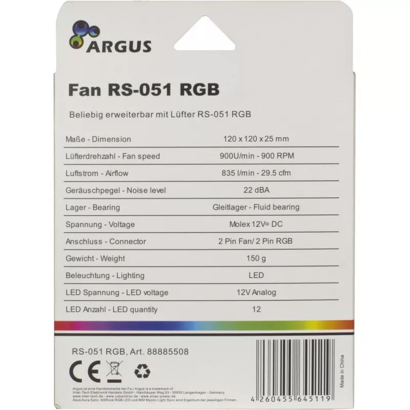 INTER-TECH Argus RS-051 ARGB 120mm Gehäuselüfter - Schwarz