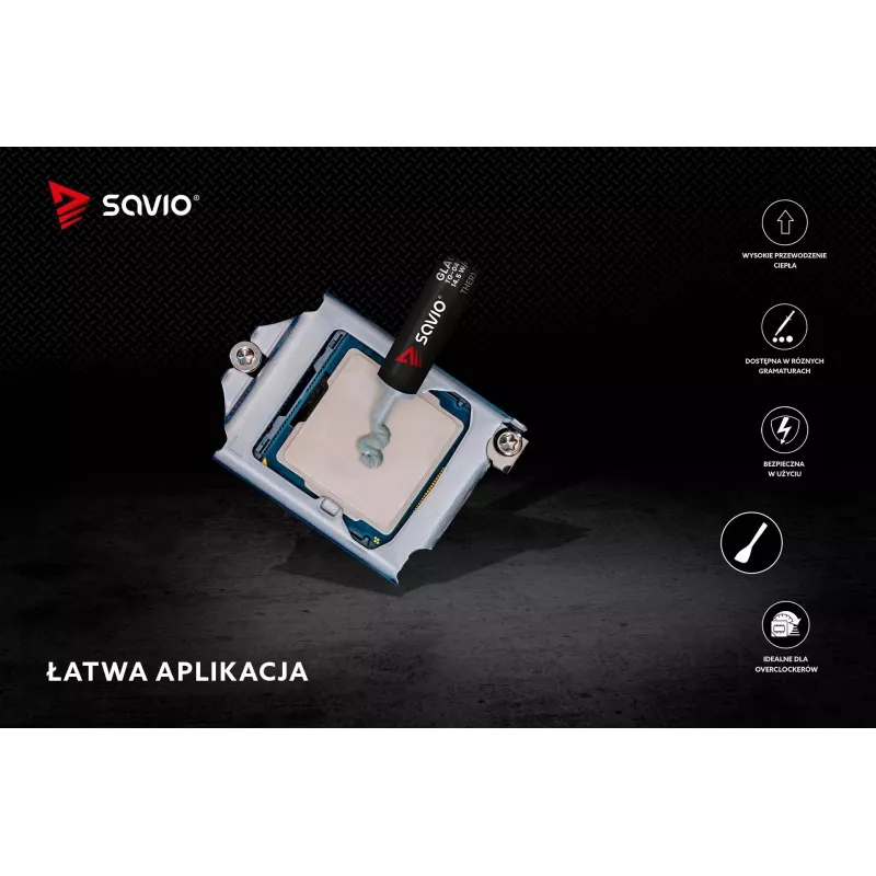 Wärmeleitpaste SAVIO TG-04 4 g — Wärmeleitfähigkeit 14,5 W/m·K, Betriebstemperatur -250 bis 300 °C, grau