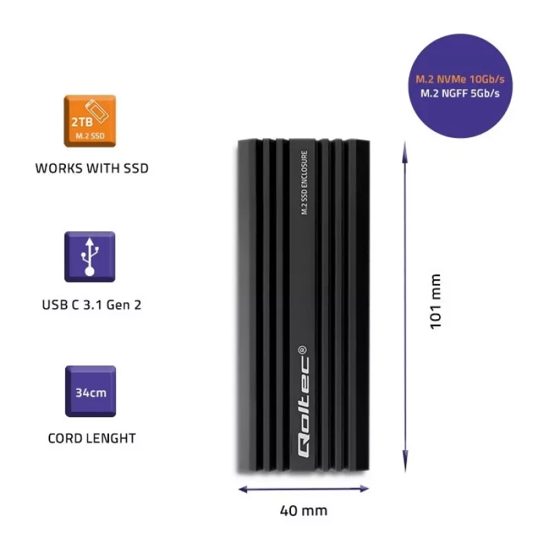 Externes SSD-Gehäuse QOLTEC NV2270 für M.2 SATA/NVMe-Laufwerke, USB-C, bis zu 2 TB